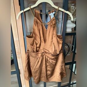 Vintage y2k Caché silk chain top copper halter vneck cutout sexy 90s ruched